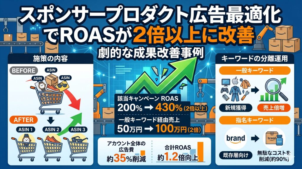 【事例紹介】Amazonスポンサープロダクト広告最適化でROASが2倍以上に改善