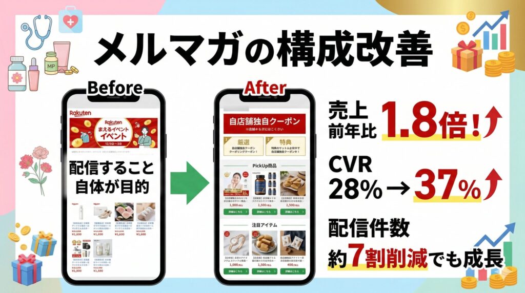 【事例紹介】楽天市場のリピート施策におけるメルマガの構成改善で売上が前年比1.8倍に向上