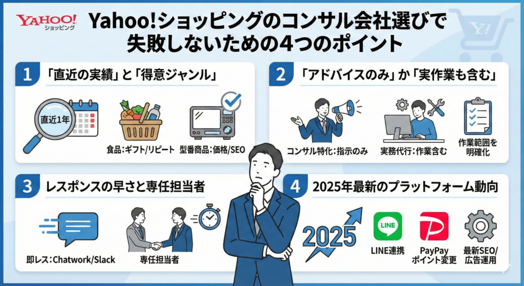 Yahoo!ショッピングのコンサル会社選びで失敗しないための4つのポイント