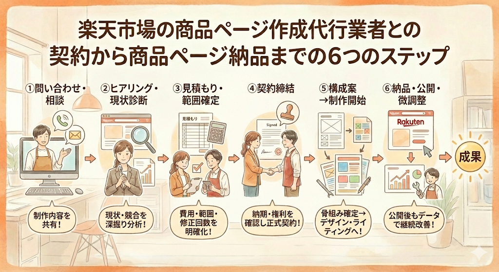 楽天市場の商品ページ作成代行業者との契約から商品ページ納品までの6つのステップ