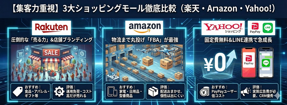 【集客力重視】3大ショッピングモール徹底比較（楽天・Amazon・Yahoo!）