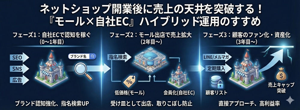 ネットショップ開業後に売上の天井を突破する！「モール×自社EC」ハイブリッド運用のすすめ