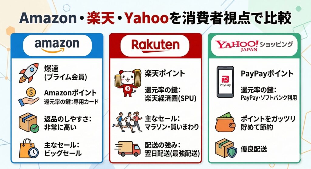 Amazon・楽天・Yahooを消費者視点で比較！