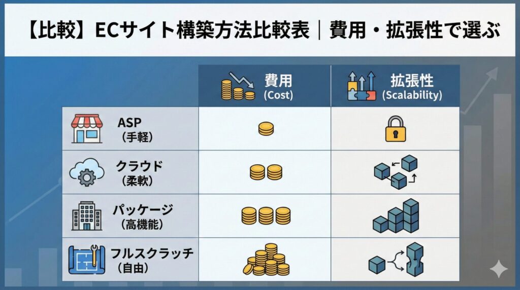 【比較】ECサイト構築方法比較表｜費用・拡張性で選ぶ