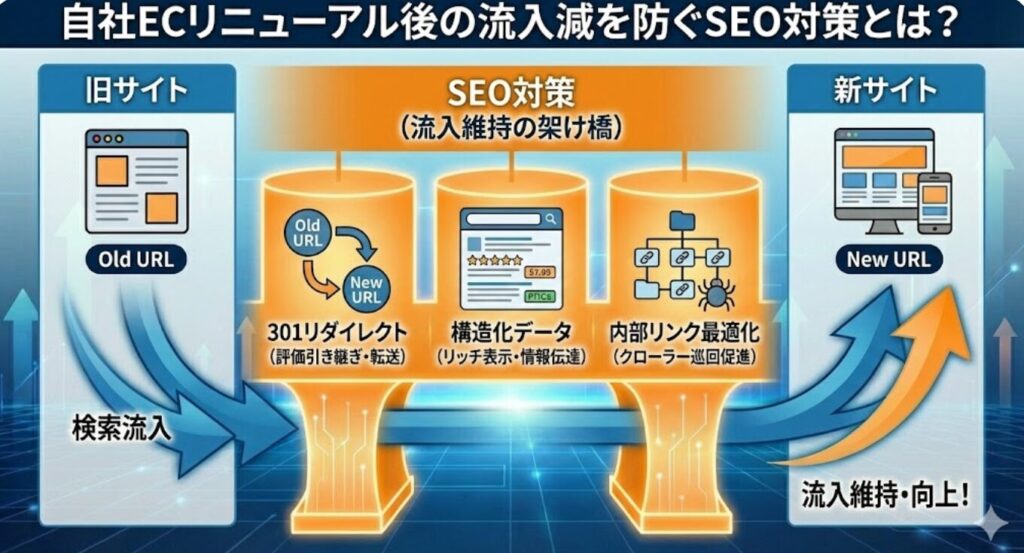 自社ECリニューアル後の流入減を防ぐSEO対策とは?