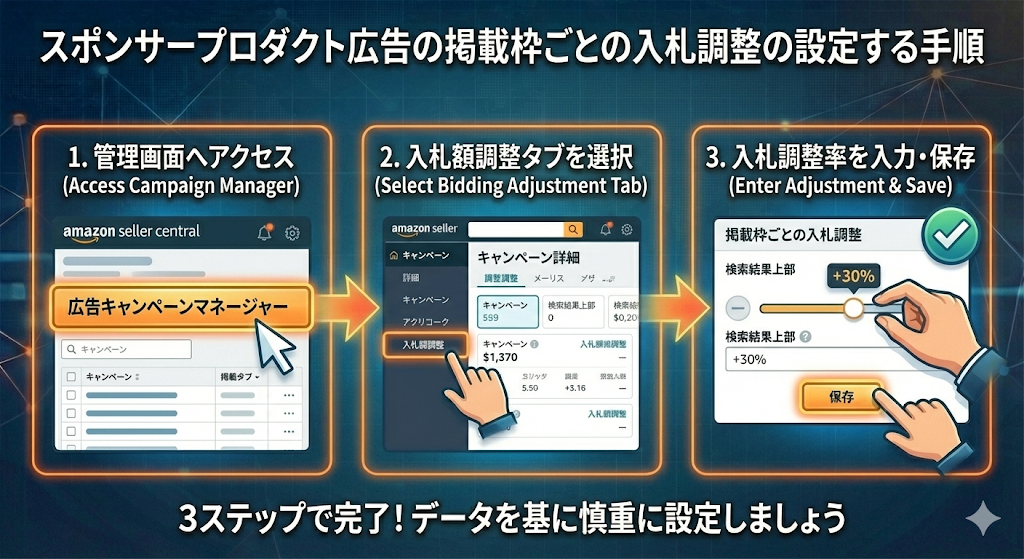 スポンサープロダクト広告の掲載枠ごとの入札調整の設定する手順