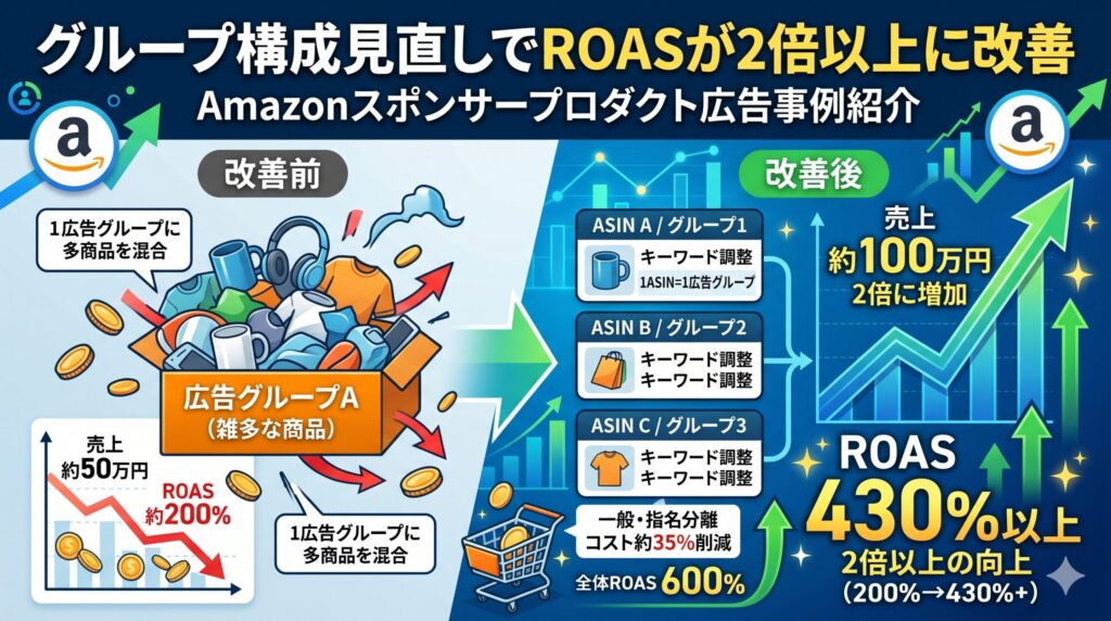 【事例紹介】Amazonスポンサープロダクト広告のグループ構成見直しでROASが2倍以上に改善