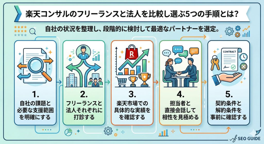 楽天コンサルのフリーランスと法人を比較し選ぶ5つの手順とは?