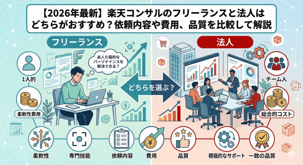 【2026年最新】楽天コンサルのフリーランスと法人はどちらがおすすめ？依頼内容や費用、品質を比較して解説