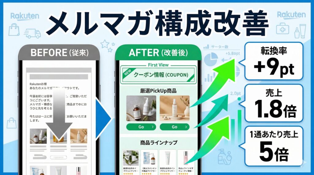 【事例紹介】楽天市場のCRM施策としてメルマガ構成を改善し、転換率9ポイント向上・売上1.8倍を達成