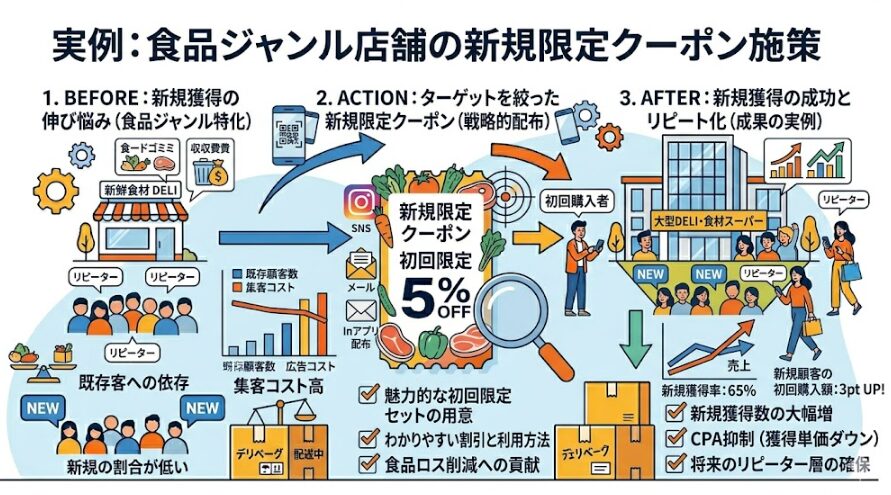 実例:食品ジャンル店舗の新規限定クーポン施策