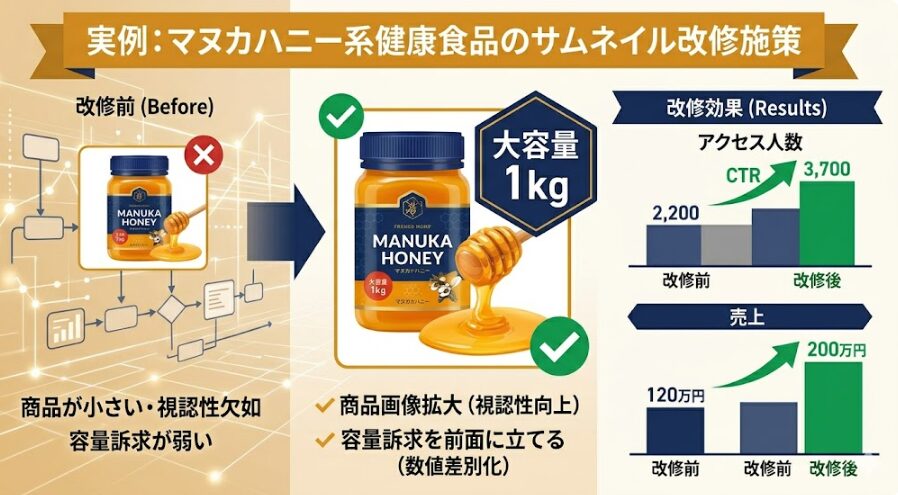 実例：マヌカハニー系健康食品のサムネイル改修施策