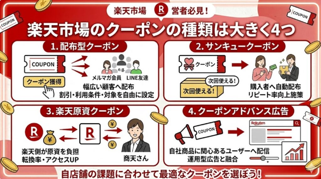 楽天市場のクーポンの種類は大きく4つ